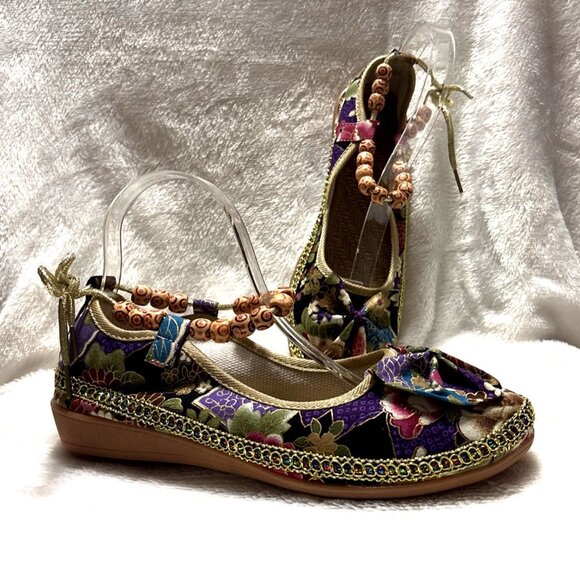 NEWFloral Embroidered Ballet Flats With Beaded Ankle Strap Accents & Bow Details - Picture 2 of 6